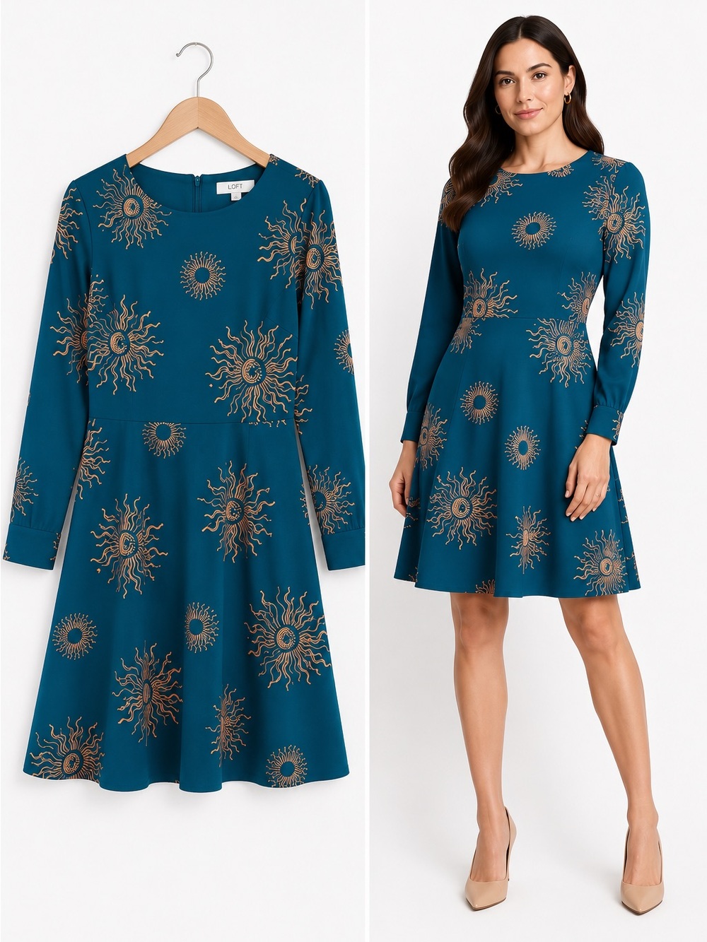 LOFT Teal Blue Floral Print Dress Size 14 Stretch Office Wedding Guest NWOT